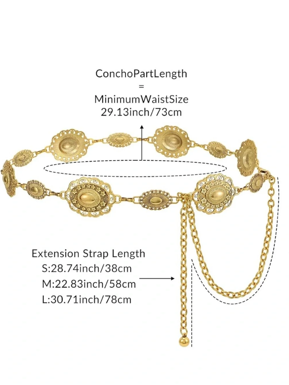 Gold Medallion Concho Metal Chain Waist Belt